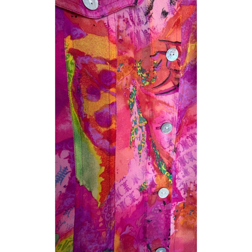 Chico's Women Medium 100% Silk Shirt Sheer Pink Multicolor Art To Wear Top - Picture 10 of 15